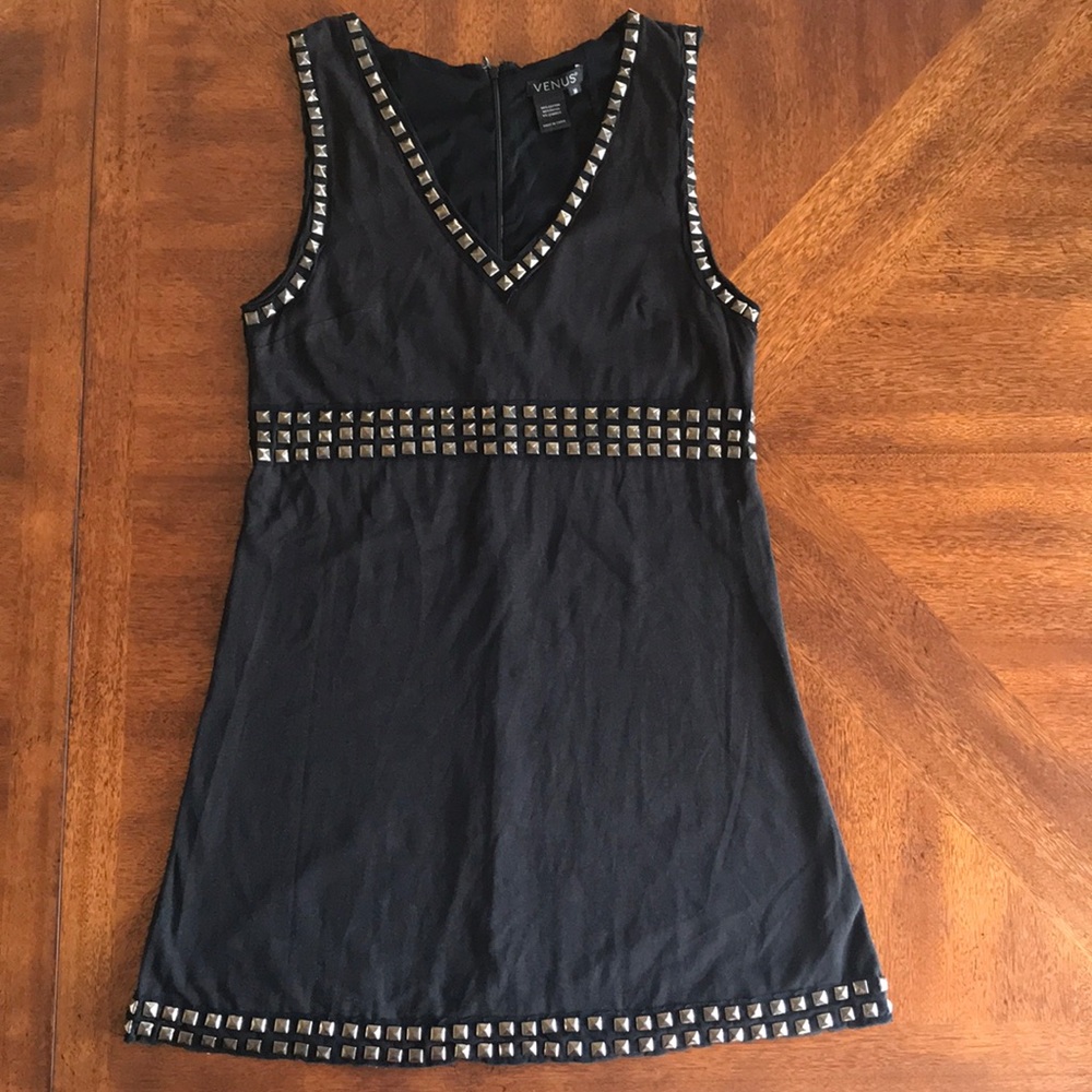 VENUS Black Studded V-Neck Mini Dress
